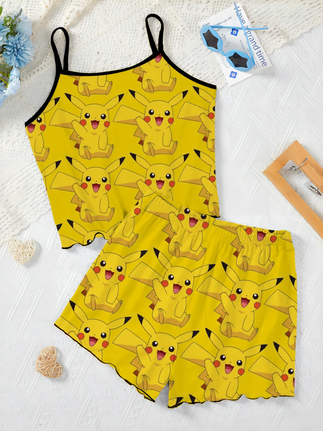 Short Sets for Women 2 Pieces Lettuce Trim Top Pokémon Slip Dress Women's Suit Pikachu Pajama Skirt Elegant Home Dress T-shirt