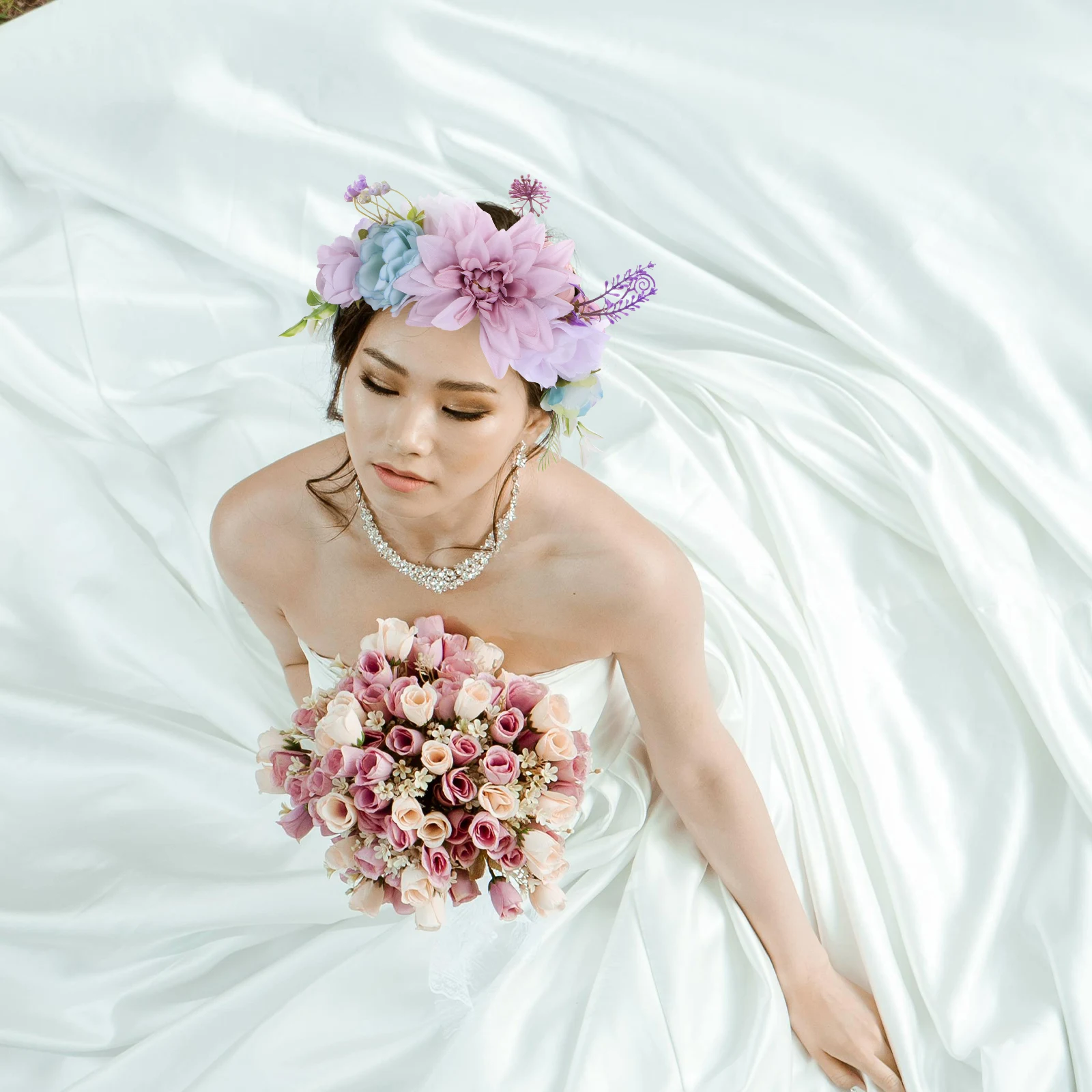 

Flower Headband Boho Floral Crown Hair Wreath Bridal Wedding Party Prom Elastic Non Slip Lavender Artificial Silk Cloth
