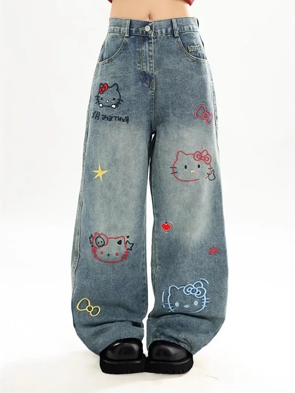 

Ретро-джинсы в американском стиле с мультяшной вышивкой, свободные женские брюки, осенне-зимняя новинка, утягивающие широкие брюки, длинные штаны