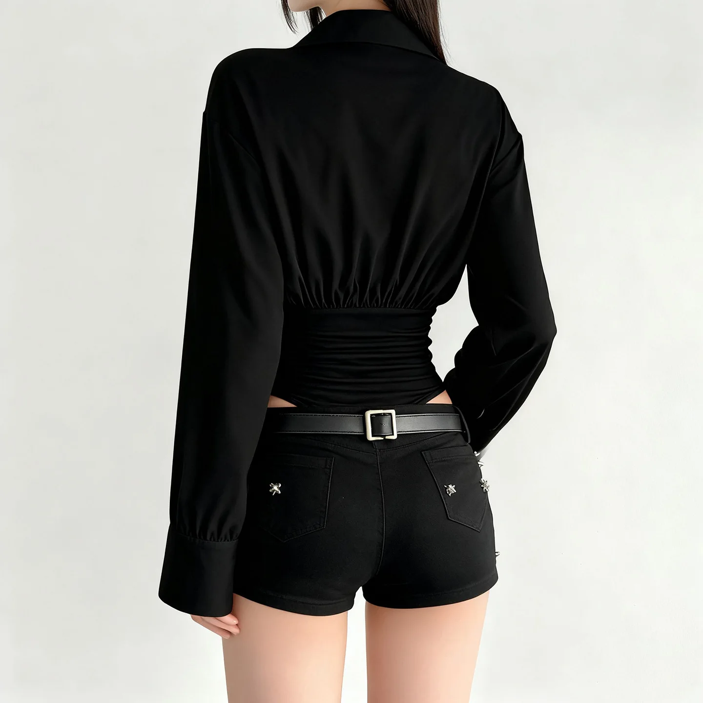 French style loose slimming POLO collar sexy simple long sleeved jumpsuit for women