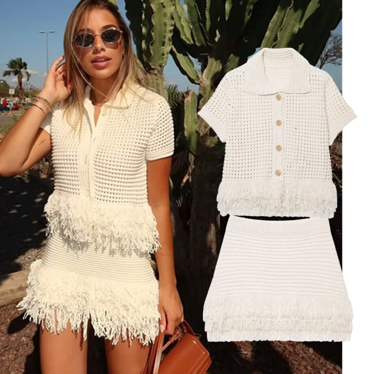 

Maxdutti Fashion Ladies Summer Minimalist Knitwear Set French Elegant Beige Crochet Tassel Short Sleeve Top Mini Skirt Set