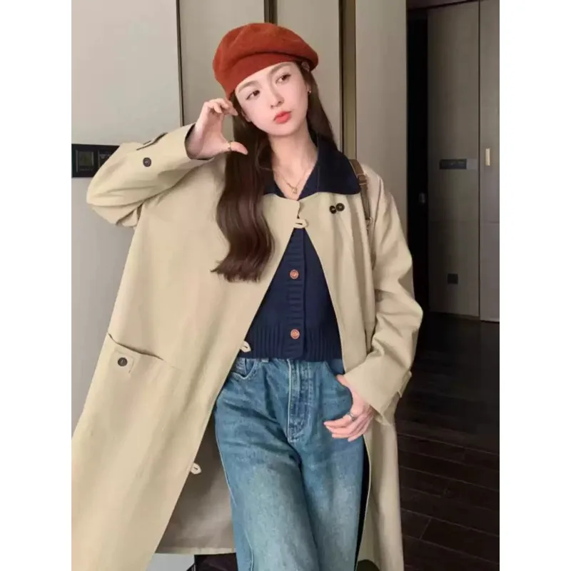 Female Spring Autumn Tops Coat Windbreaker Medium To Long Commute Retro Simple Design Fashion Senior New Minority Versatile Thin