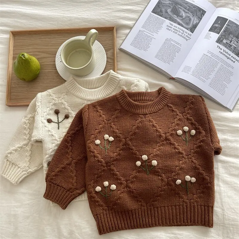 

Toddler Baby Girls Autumn Winter Outside Sweater Knitted Flower Embroidery 1-6Y Girls Pullover Casual Loose 1-6Y Girls Warm Tops