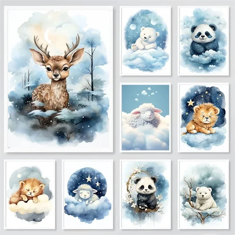 Baby Animals Sleeping Poster Cartoon Watercolors Sheep Deer Animal Minimalist Canvas Painting for Living Room Modern Home Dec