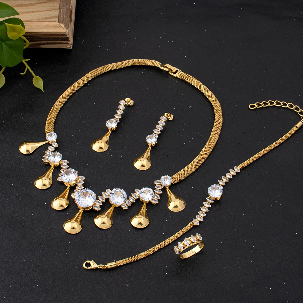 Schmuck für Frauen 2025, brillante kubische Zirkon-Halskette, Ohrringe, Ring und Armband, Hochzeit, Brautschmuck-Sets, Kleid-Accessoires