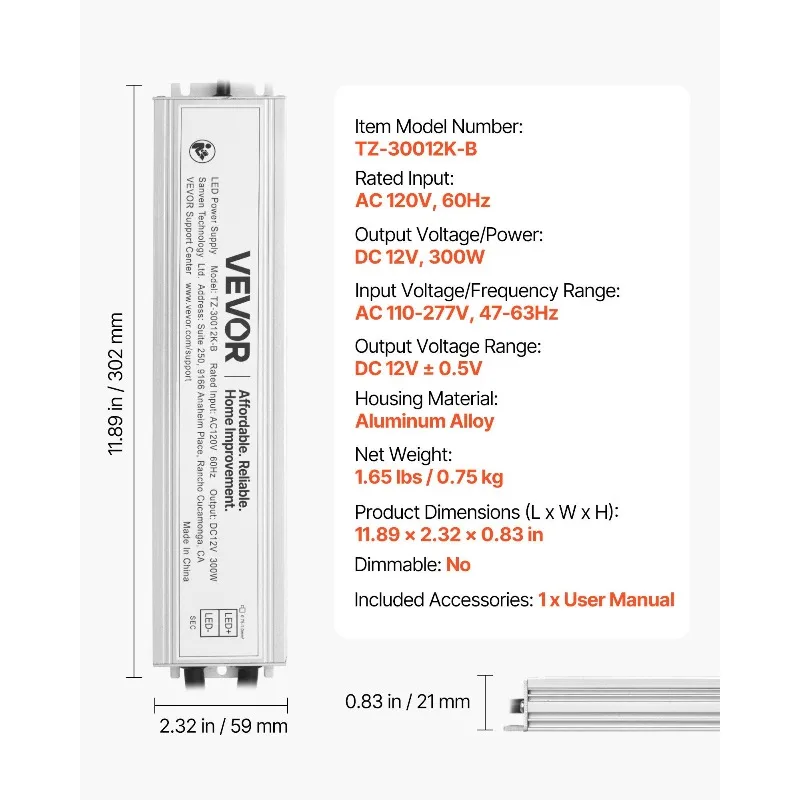 Driver LED 300W 12V CC Trasformatore a bassa tensione Wp IP67 Alimentatore