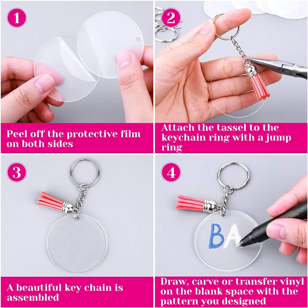 120PCS Acrylic Clear Circle Discs Keychain Set Round Acrylic Keychain Blank Leather Tassel Pendant Jump Rings DIY Keychain