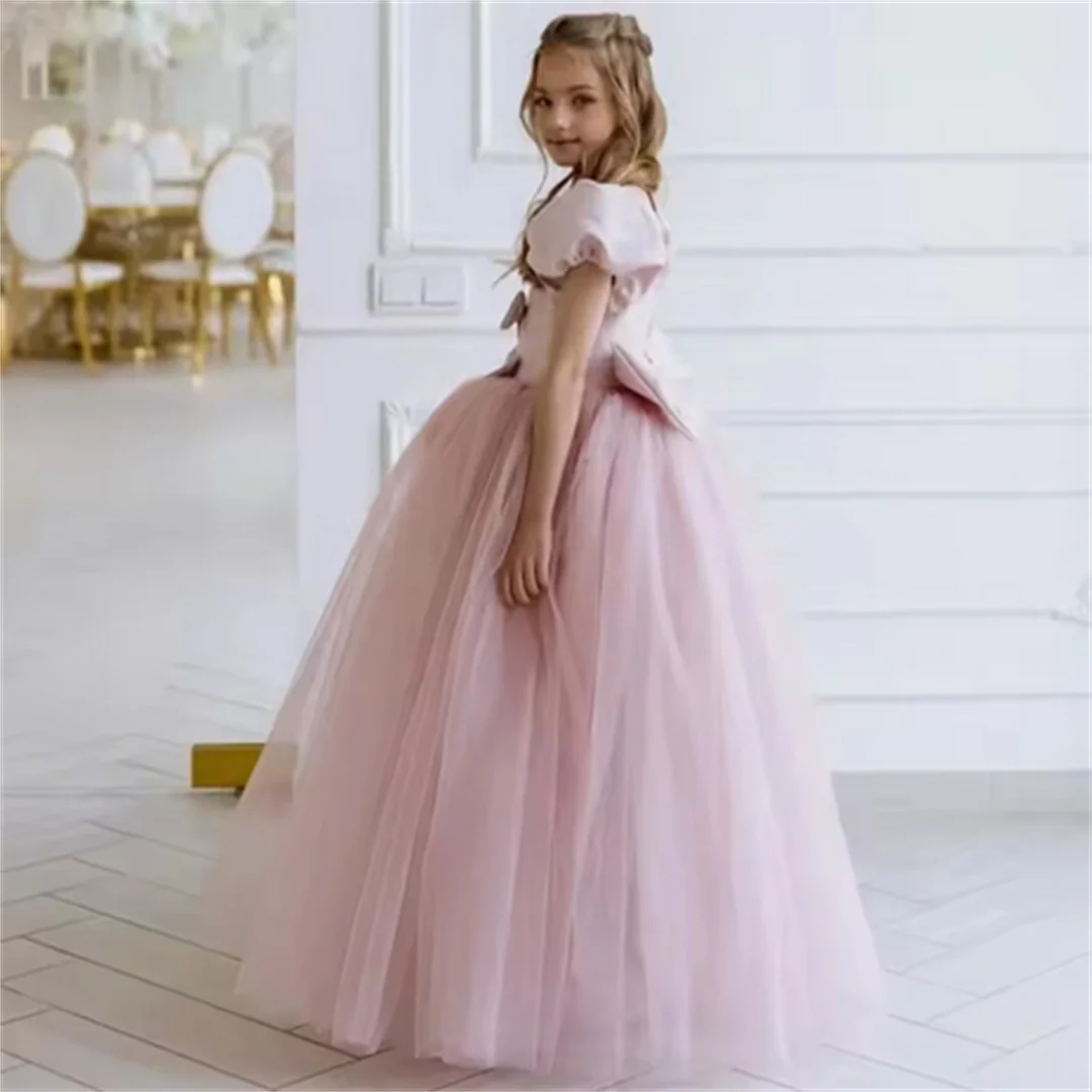 مخصصة مع القوس المغبر الوردي زهرة فتاة فساتين الزفاف ساحة طوق ل طول الأرض أنيقة للأطفال أول بالتواصل فستان حفلات #3