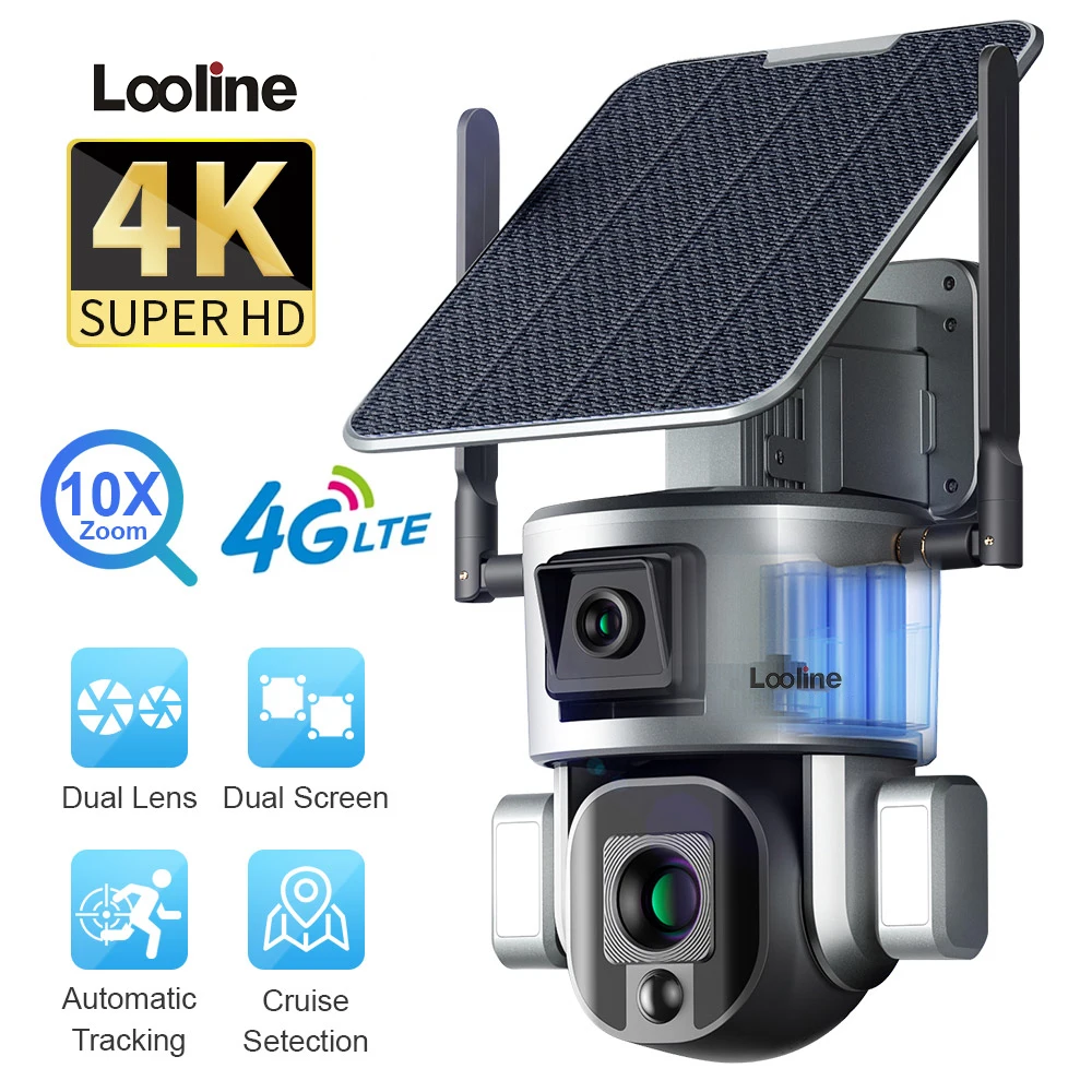 LOOLINE 4K HD Solar Security Outdoor 4G Camera Dual Lens 10X Optical Zoom Auto Tracking Wifi Camera 4k Professional Camera