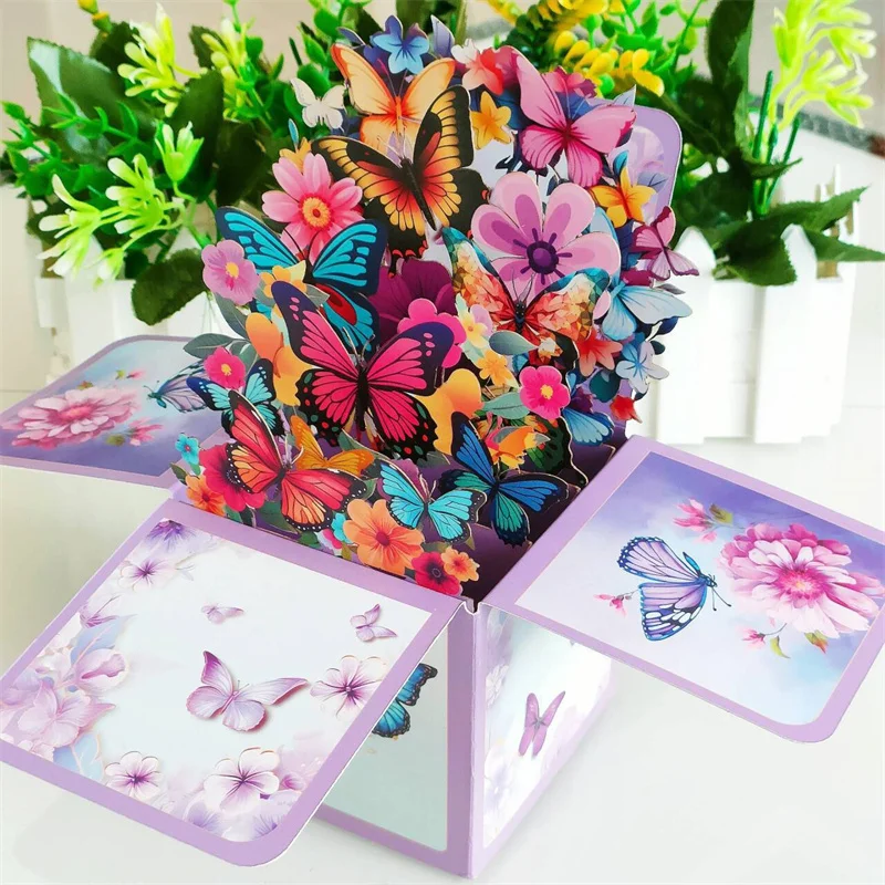 

Paper Butterfly Greeting Card Colored Rose 3D Pop-up Stereo Creative Mother's Day Cards Wedding Decoration Anniversary Gifts