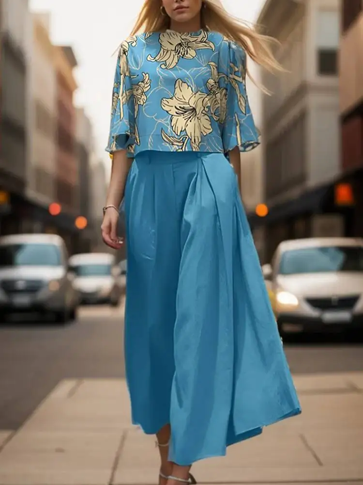 

2025 Summer Trousers Suit ZANZEA 2PCS Outfits Women Fashion Matching Sets O Neck 3/4 Sleeve Printed Blouse Wide Leg Pant Sets