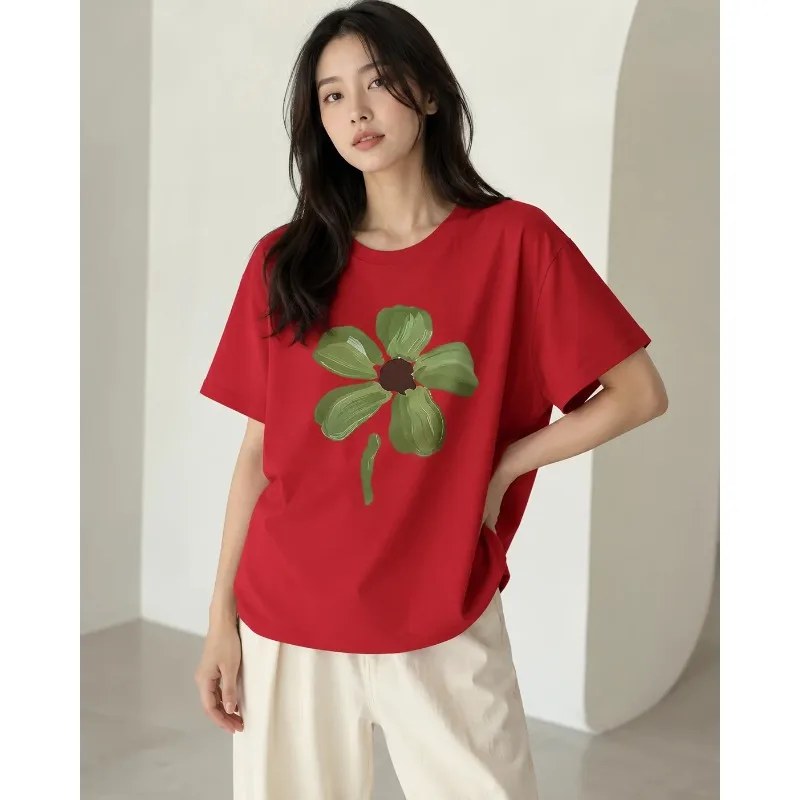 Women's Printed T-shirt with Bright Green Naples Alfalfa Print Comfortable and Soft Casual Short Sleeved All Season Casual Wear