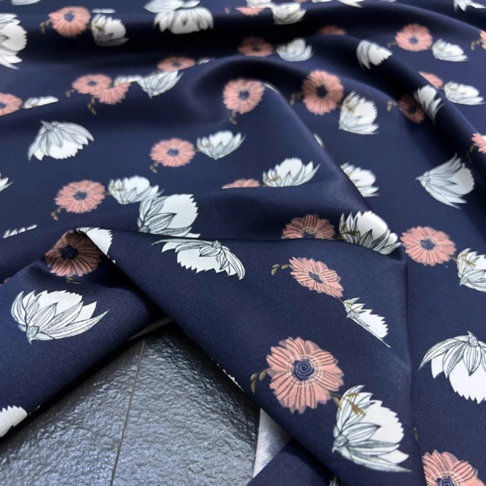 Pure Mulberry Silk Twill 20 momme Width 140cm High Quality Breathable Anti-allergy Natural Soie Material Dark Blue FlowerPattern