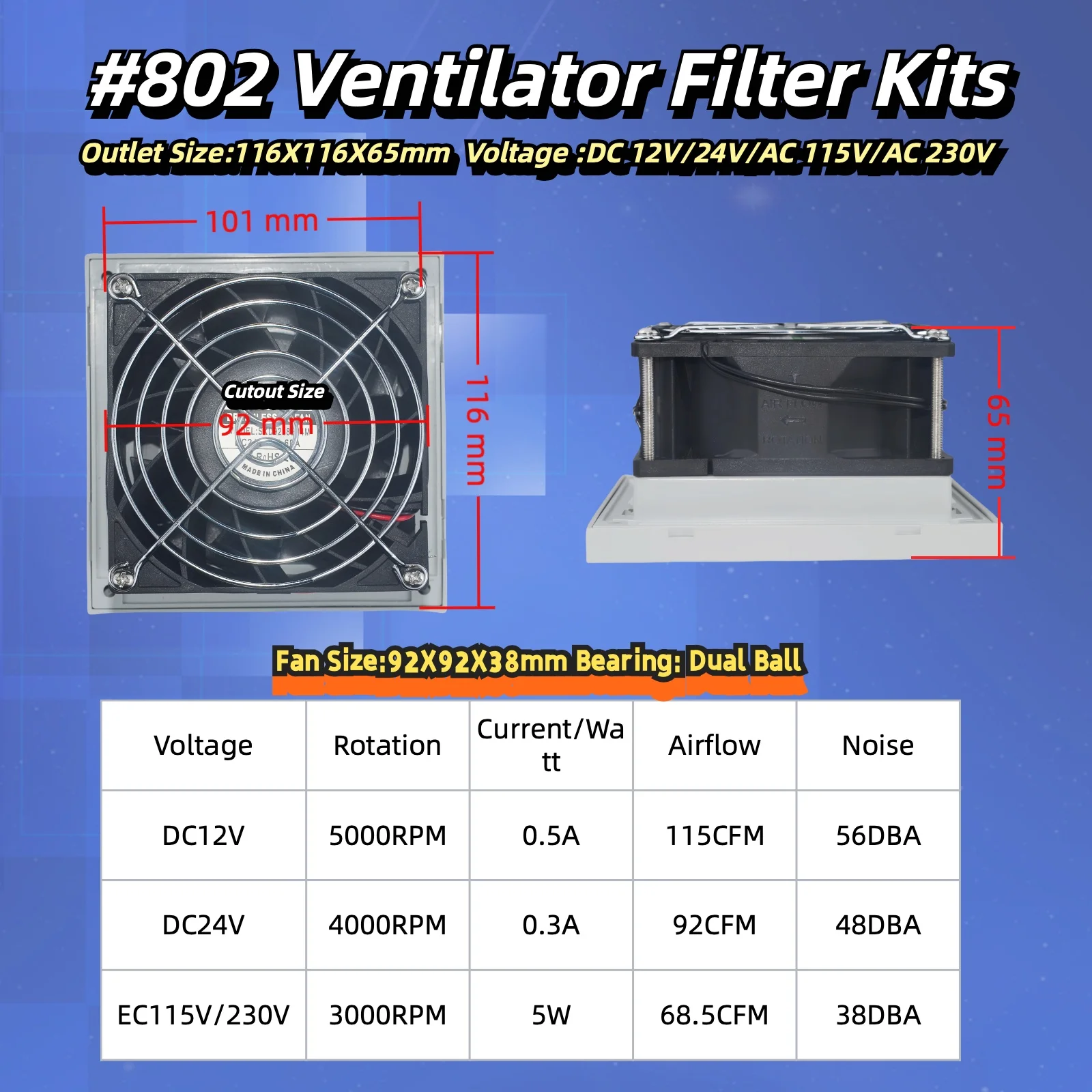 802 Ventilation Cooling IP44 Fan Louvre 92x92x38mm Dual Ball Ventilator Filter Kits for Cabinets/Server Racks 12V/24V/115V/230V