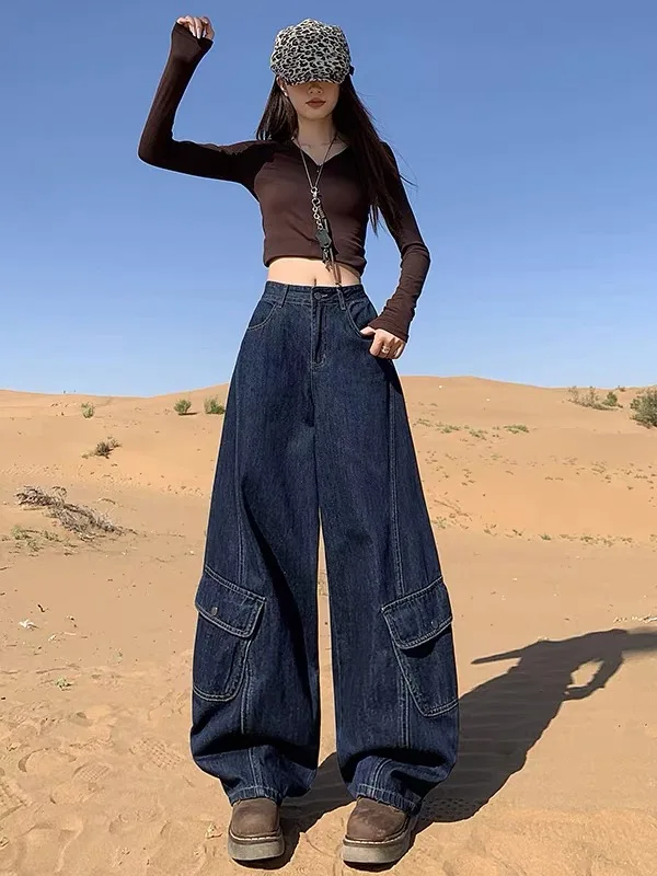 

Американские свободные женские джинсы с высокой талией, карго-брюки из денима, повседневные прямые брюки для осени и зимы