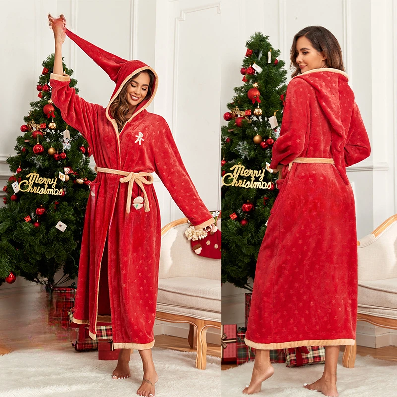 Christmas Gift autumn Winter Coral Fleece long Bathrobe Women hoody Warm Bath Robe red Shower Robes casual Loose Rest Nightgown