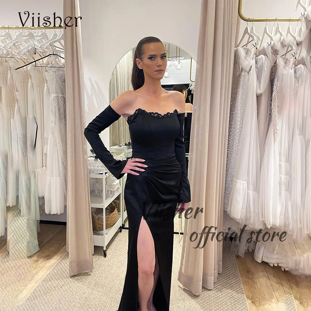 

Viisher Black Mermaid Evening Dresses with Slit Lace Strapless Pleats Satin Long Formal Prom Dress Women Evening Party Gowns