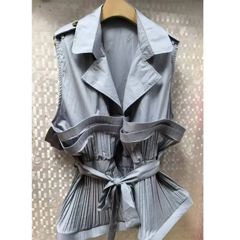 

2025 Summer New Moda Elegant Ropa Mujer V Neck Ruched Patchwork Sleeveless Lace Up Shirt All-Match Celebrity Fresh Blouse