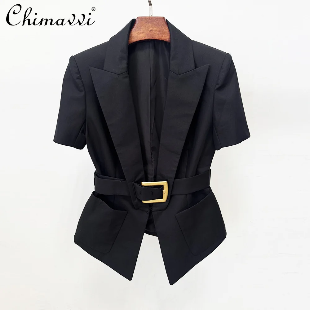 

High-end Fashion Short-sleeve Blazer 2026 Spring and Summer New Elegant Slim-fit Belted Waist Commuter Women's Tops Coat