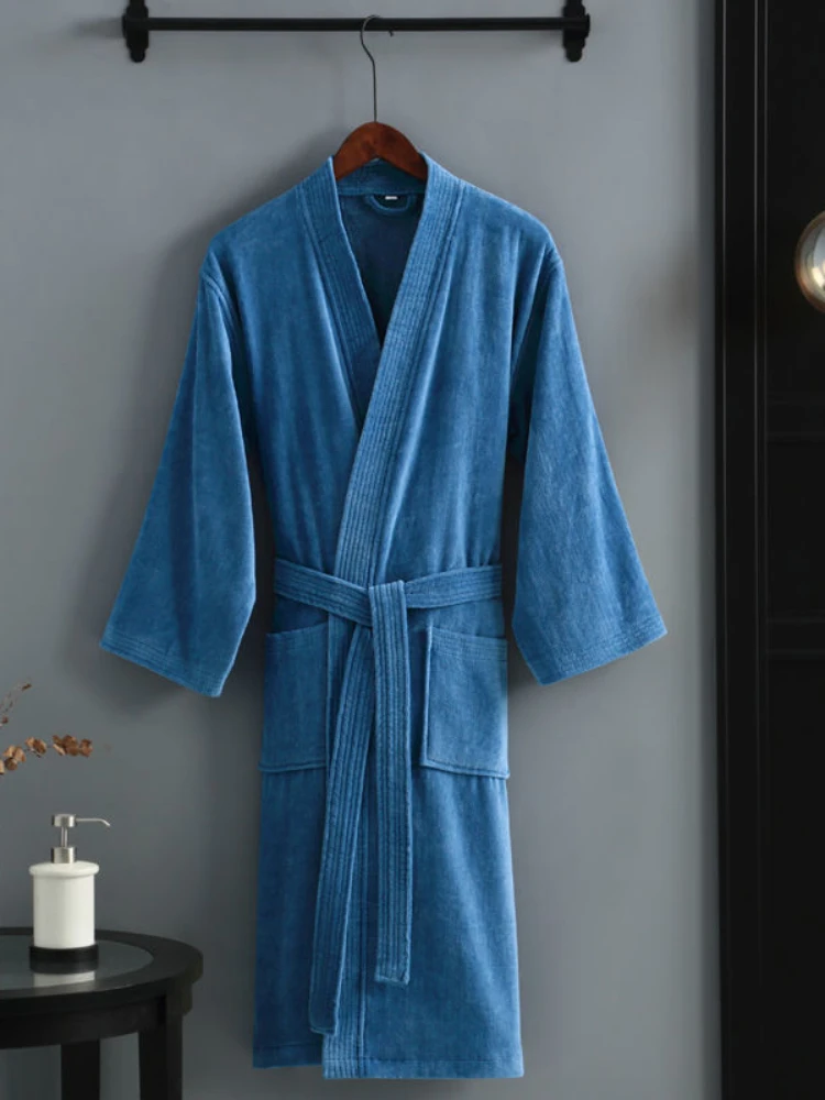 Women Towel Bathrobe 100%Cotton Long Thick Absorbent Terry Bath Robe Kimono Men LightWeight Waffle Solid Dressing Gown Sleepwear