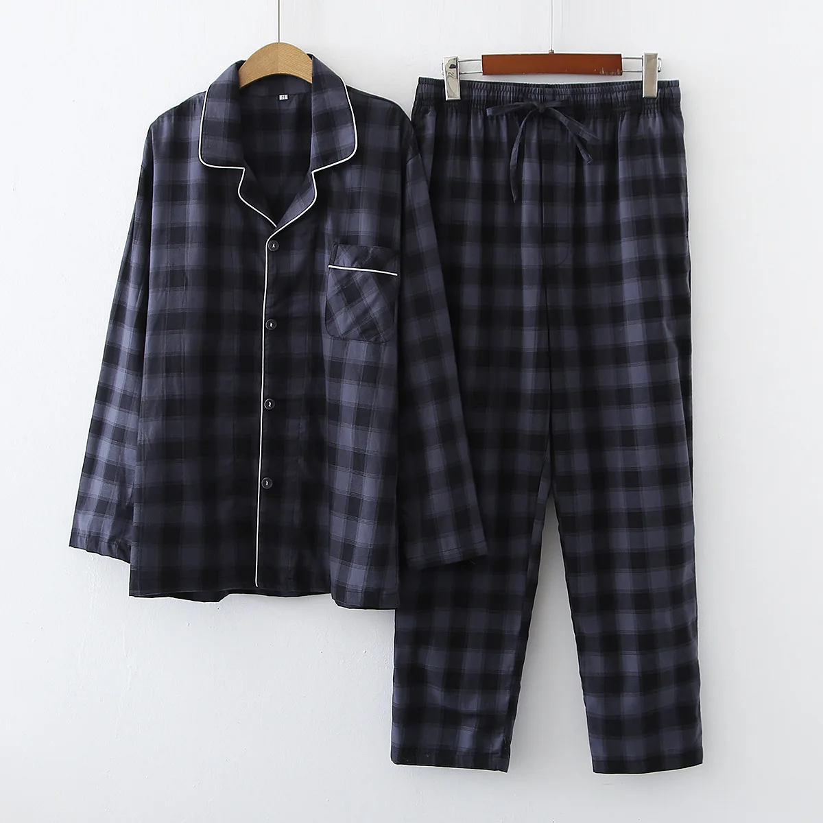 Autumn Winter Men Casual Plaid Pajama Sets Male 100% Cotton Sleepwear Suit Men's Turn-down Collar Long Sleeve Men Home Clothes