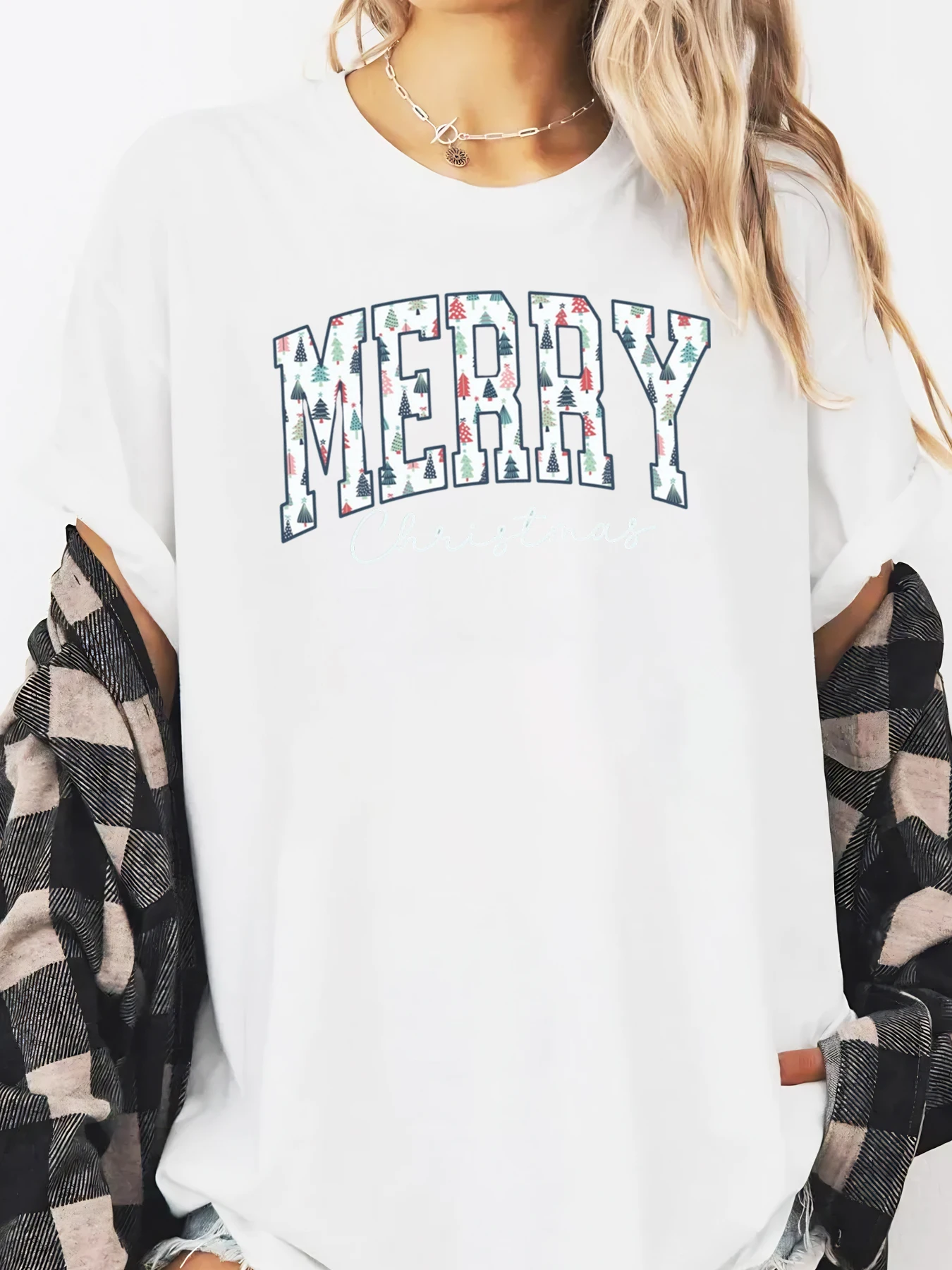 T-Shirt à manches longues pour femmes, motif d'arbre de noël, imprimé joyeux noël, vêtements de vacances décontractés, blanc, grande taille