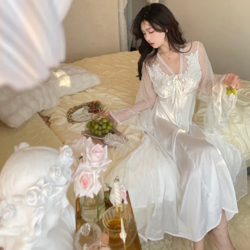 Ice Silk Nightgown Female Summer Sexy Lace Hollowed Out Long Dress Palace Style Home Clothes Solid Color Satin V-Neck Nightdress