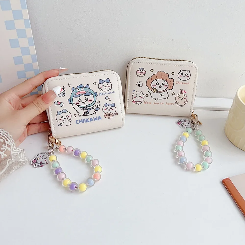 INS Style PU Leather Short Wallet with Rope Pendant Credit Card Holoder Money Bag Chiikawa Mini Coin Purse Girl