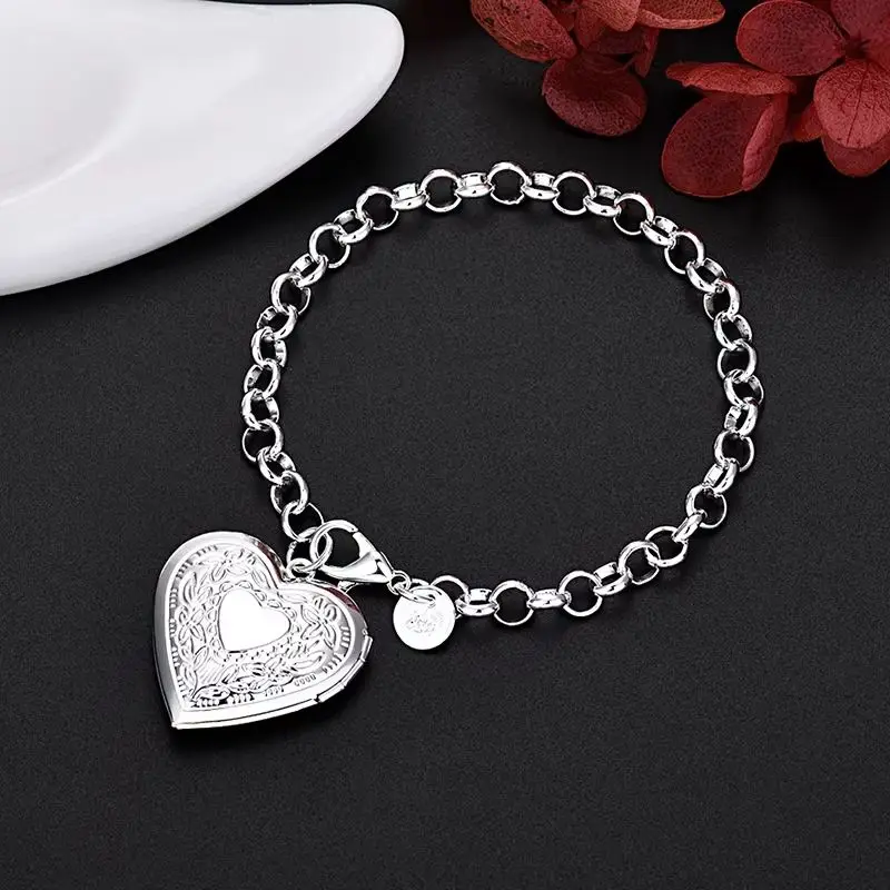 

Роскошный дизайнерский стерлингового серебра 925 пробы, фоторамка, браслеты в форме сердца для женщин, модные вечерние свадебные украшения, помолвочные праздничные подарки