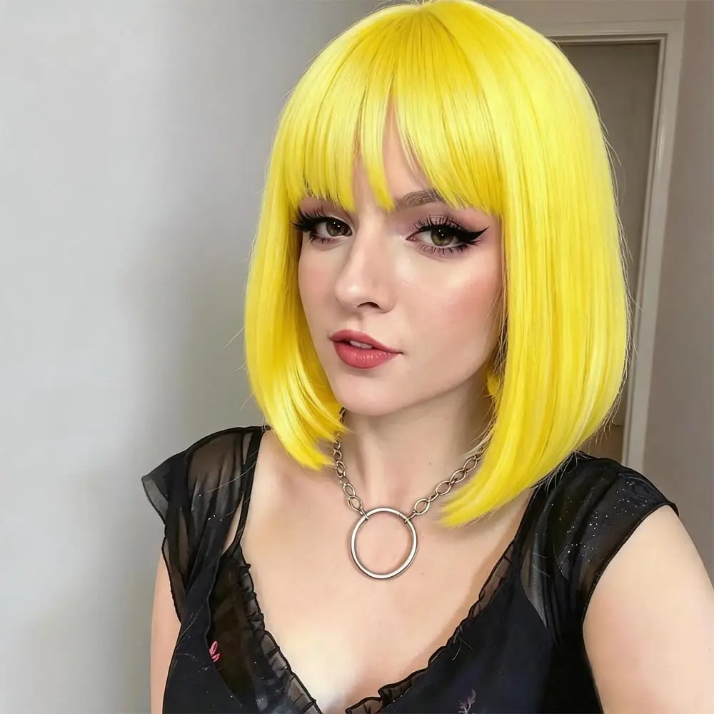 Bobblehead yellow synthetic wig for Halloween cosplay wig for role-playing, everyday party, high-temperature hair accessory set
