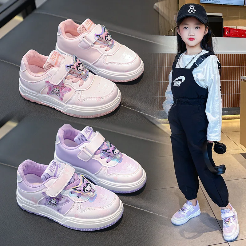 Sanrio Kuromi Shoes for Kids PU Leather Sneakers Cartoon Casual Shoes Kawaii Low State Children Girls Walking Sports Shoes