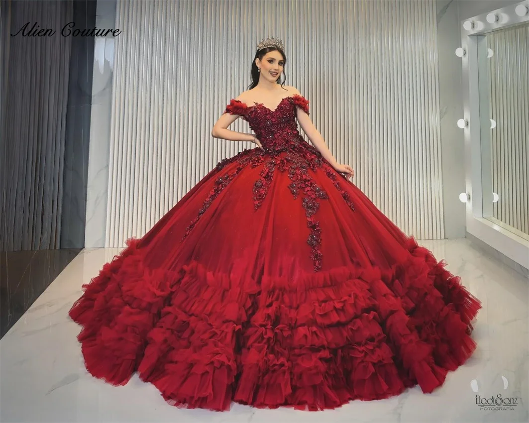 

Mexico Red Ball Gown Quinceanera Dress Floral Appliques Bead Pearls Diamonds Sweet 16 Dress Tiered Ruffle Vestidos Customized