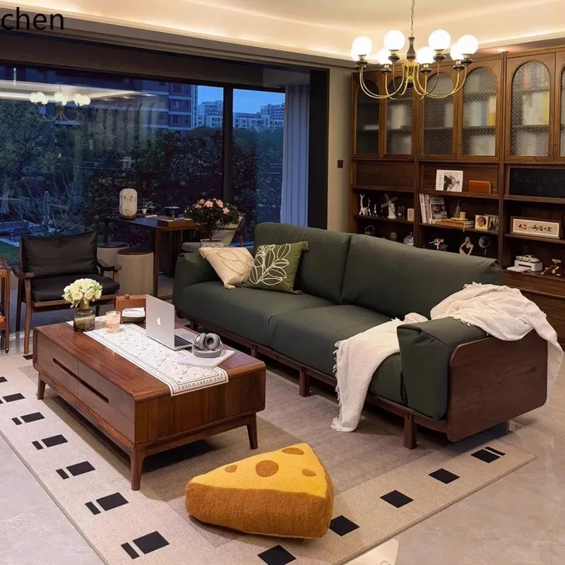 

QZT Straight Row Living Room Black Walnut Sofa Solid Wood Coffee Table Lazy Sofa Chair