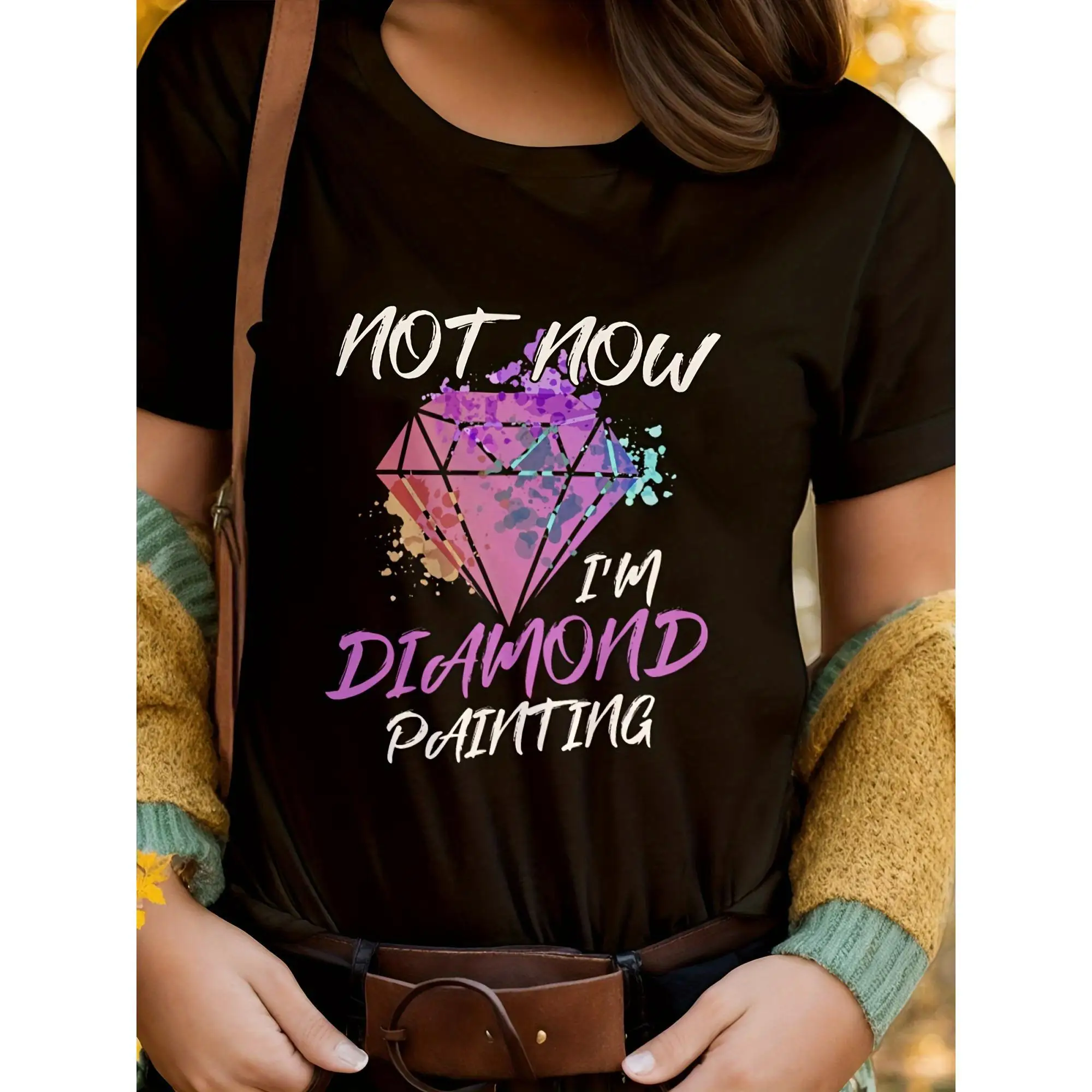 

Women's Summer Casual Crew Neck T-Shirt, 100% Knit Fabric, Non-Stretch, Breathable Short Sleeve Top with Diamond Painting Print