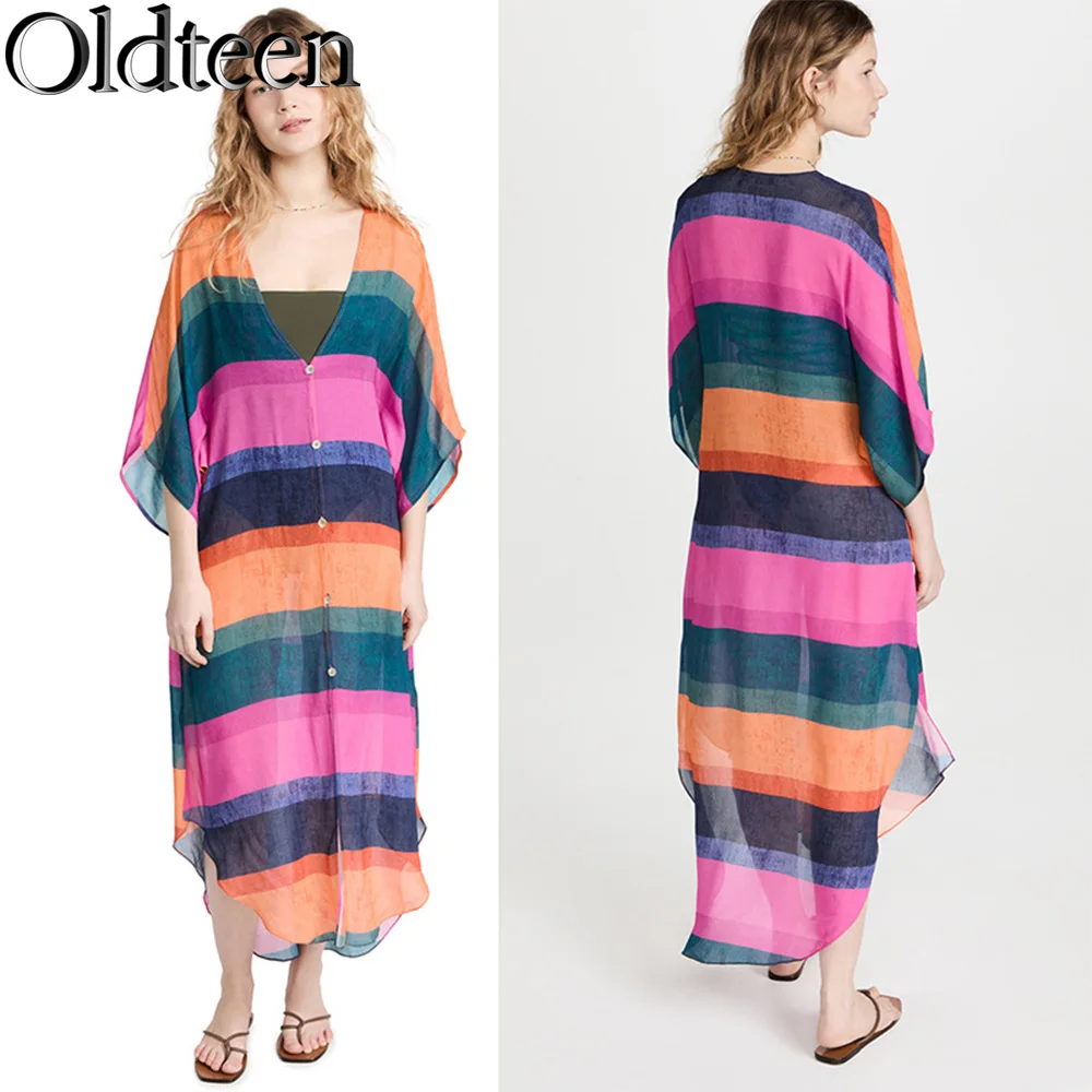 Cárdigan largo con botones a rayas de colores, falda holgada con cuello en V, ropa de calle informal para exteriores, traje de baño, capa superior, novedad de verano