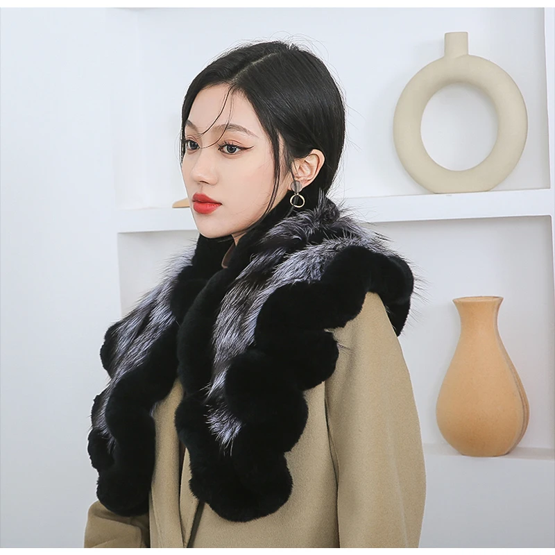 Neuer Damen-Winterschal aus echtem Rex-Kaninchenfell, Warmer Weicher Silberfuchs-Fellschal, Modischer Damen-Poncho aus 100% Echtem Rex-Kaninchenfell – Detail 9
