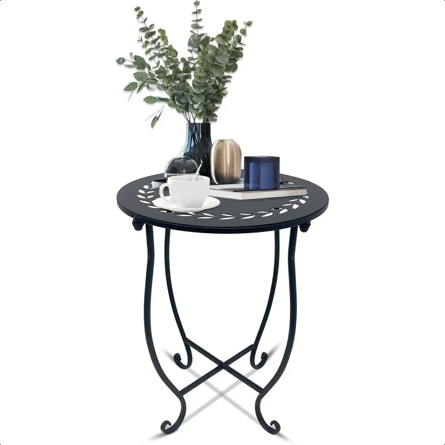 

Indoor Outdoor Small Metal Round Side Table 14 Inch Patio Coffee Bistro Table Weather Resistant Black Metal Side Table for Pati