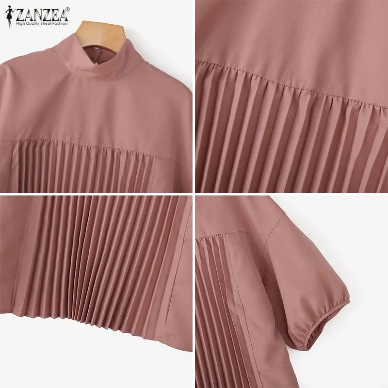 ZANZEA Damesmode Blouse Zomer Stand Kraag Half Lantaarn Mouw Casual Geplooide Tops Losse Shirts Elegant Office Lady Blusas