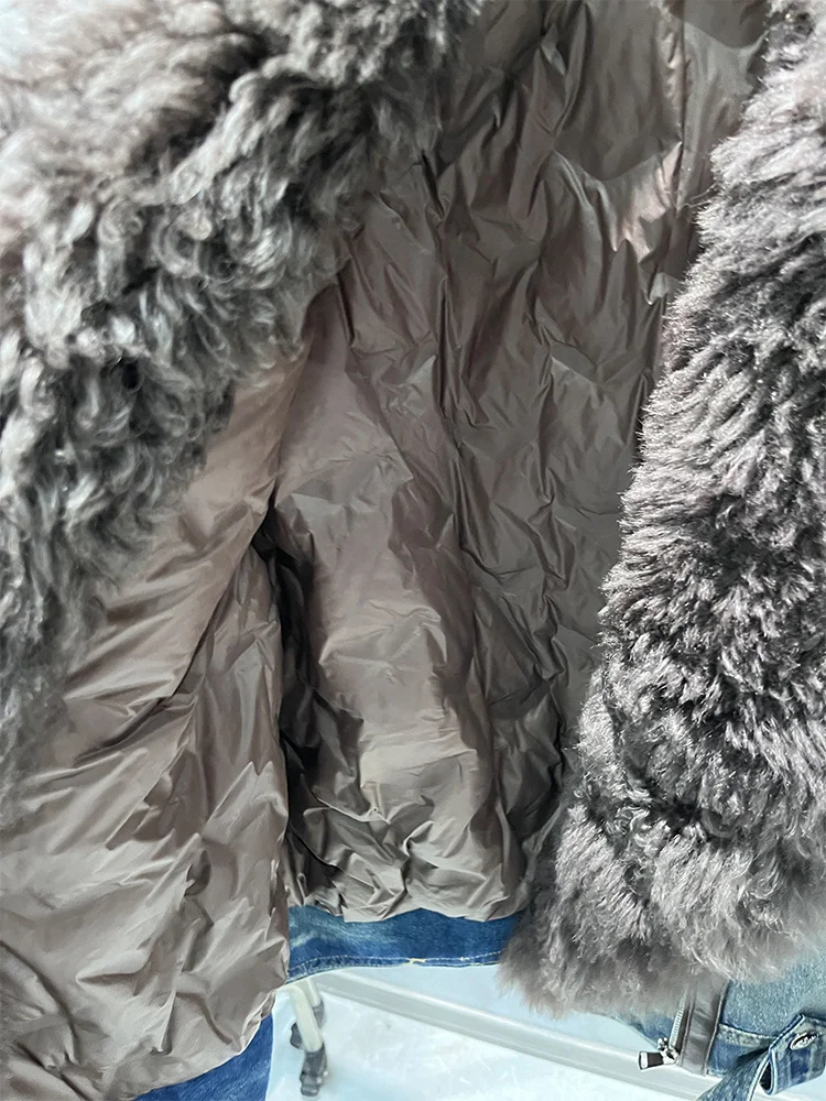 2025 Herfst Winter vrouwen Denim Ganzendons Jassen Met Natrual Echte Schapen Lam Bontkraag Vrouwen Uitloper Luxe Vrouwelijke jas