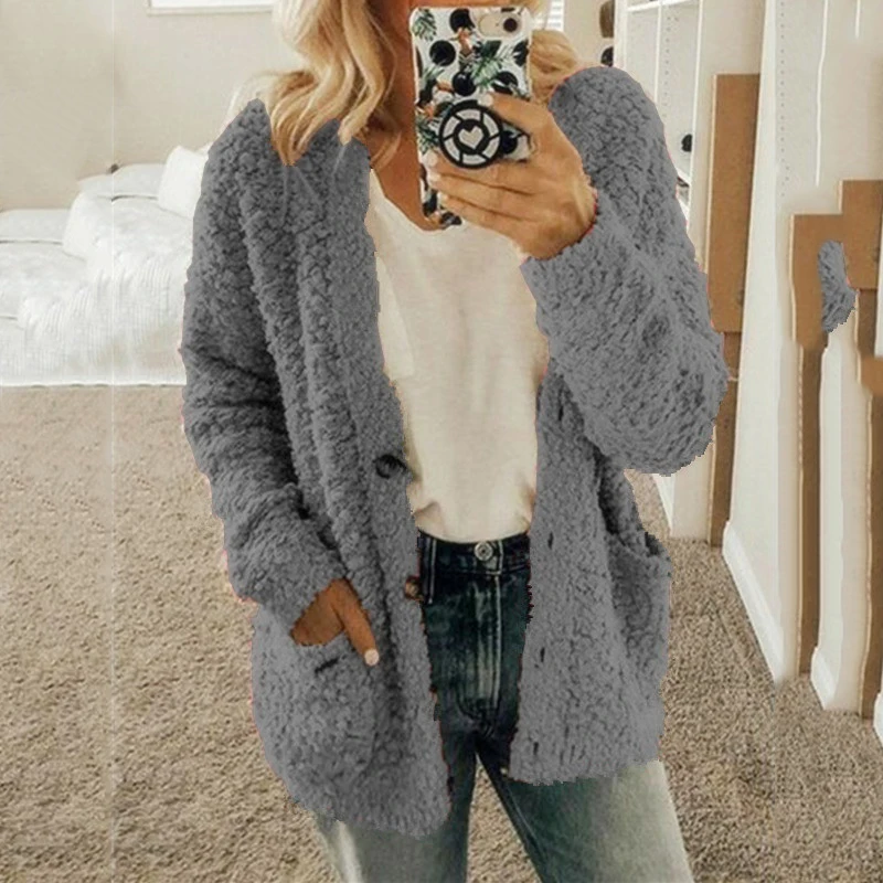 2025 suéter de lana de invierno cálido de manga larga para mujer, chaqueta para mujer, ropa holgada de 10 colores gris y negro, abrigo superior con cuello en V, S-5XL