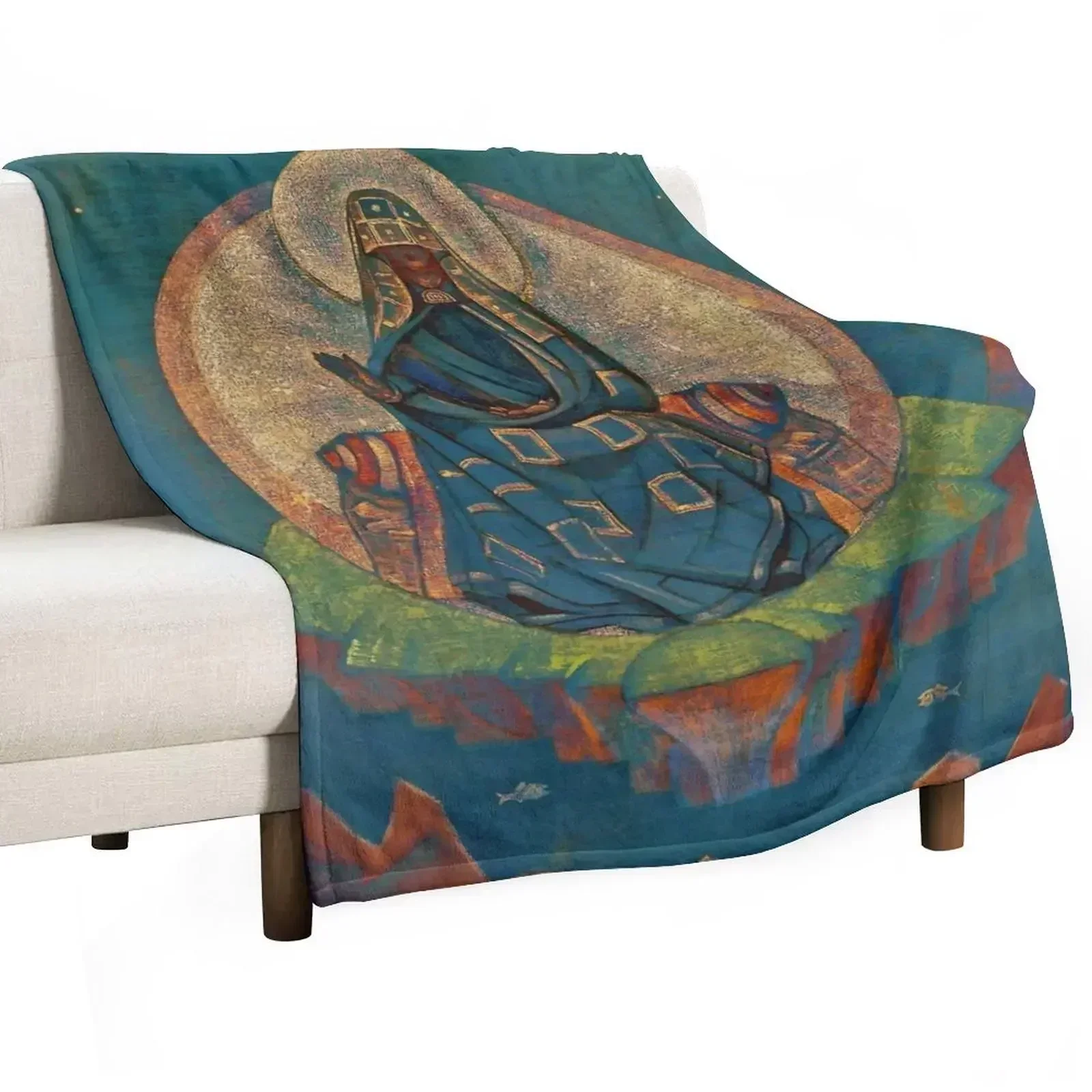 Nicholas Roerich Mother of the World, 1924 - warmer colours Throw Blanket Flannel Fabric Hair Soft Plush Plaid Plaid Blankets