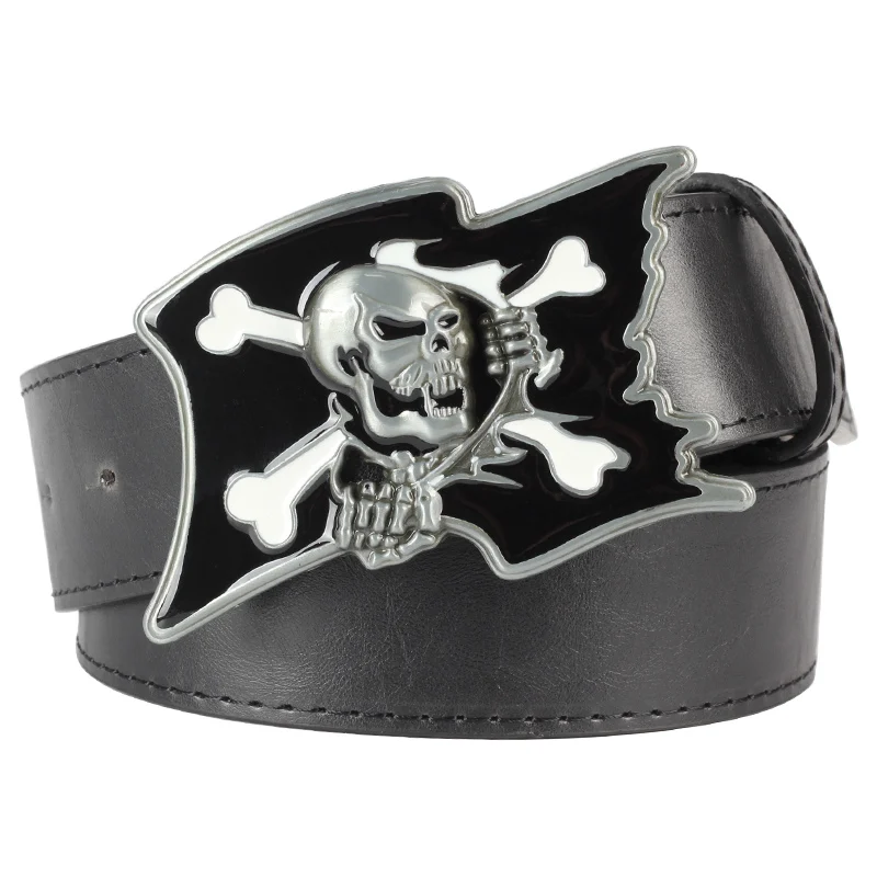 Ceinture en cuir PU avec boucle en métal, motif tête de mort, squelette, drapeau de Pirate, à la mode