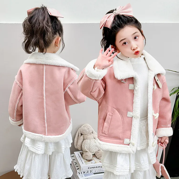 

Куртка из искусственной овчины для девочек от 2 до 9 лет, милое зимнее пальто фиолетового и розового цвета в корейском стиле, теплая верхняя одежда для модных маленьких девочек