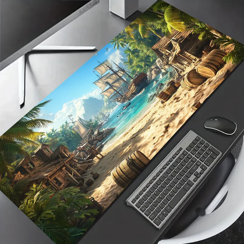 Mysterious Pirate Bay Gaming Mouse Pad, Featuring Vibrant Pirate Ship and Tropical Island Design, Large-sized Gaming Mouse Pads