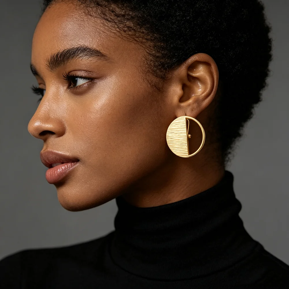 18K Gold Plated Brushed Finish Half‑Circle Hollow Round Earrings & Ring Set For Women Luxury Wedding Party Accessories Gift