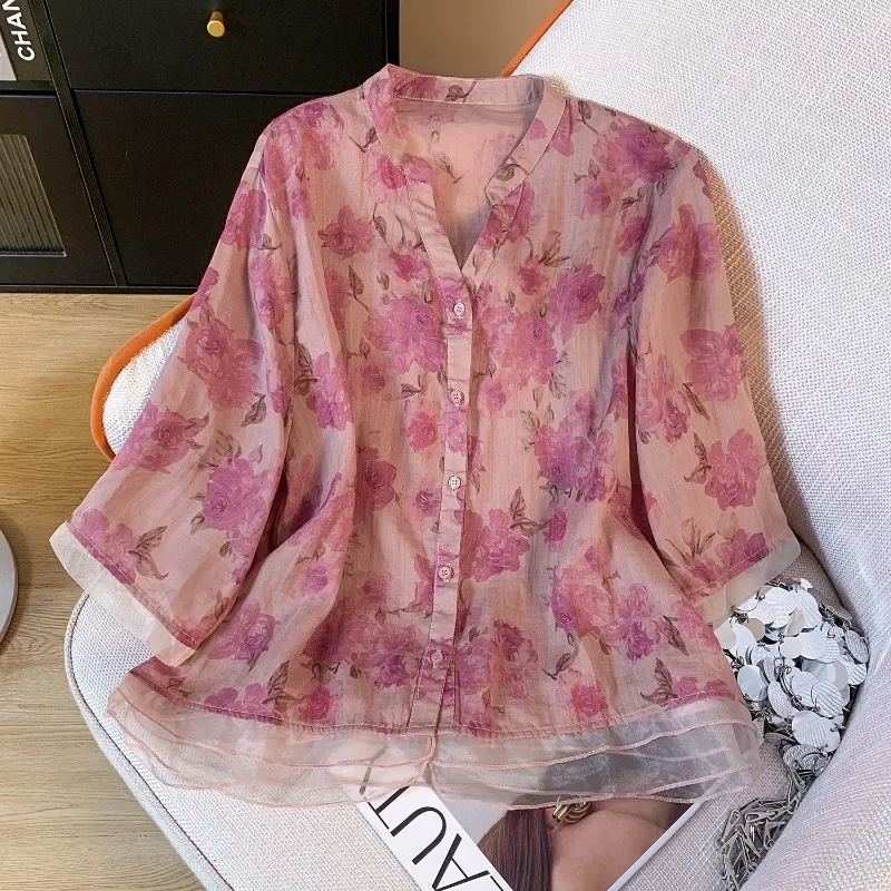 Bedrukte Chinese Stijl Damesblouses Zomer Katoenen Hennep Tops Vintage Kleding Verkoop Losse Koreaanse Damesoverhemden Met Korte Mouwen