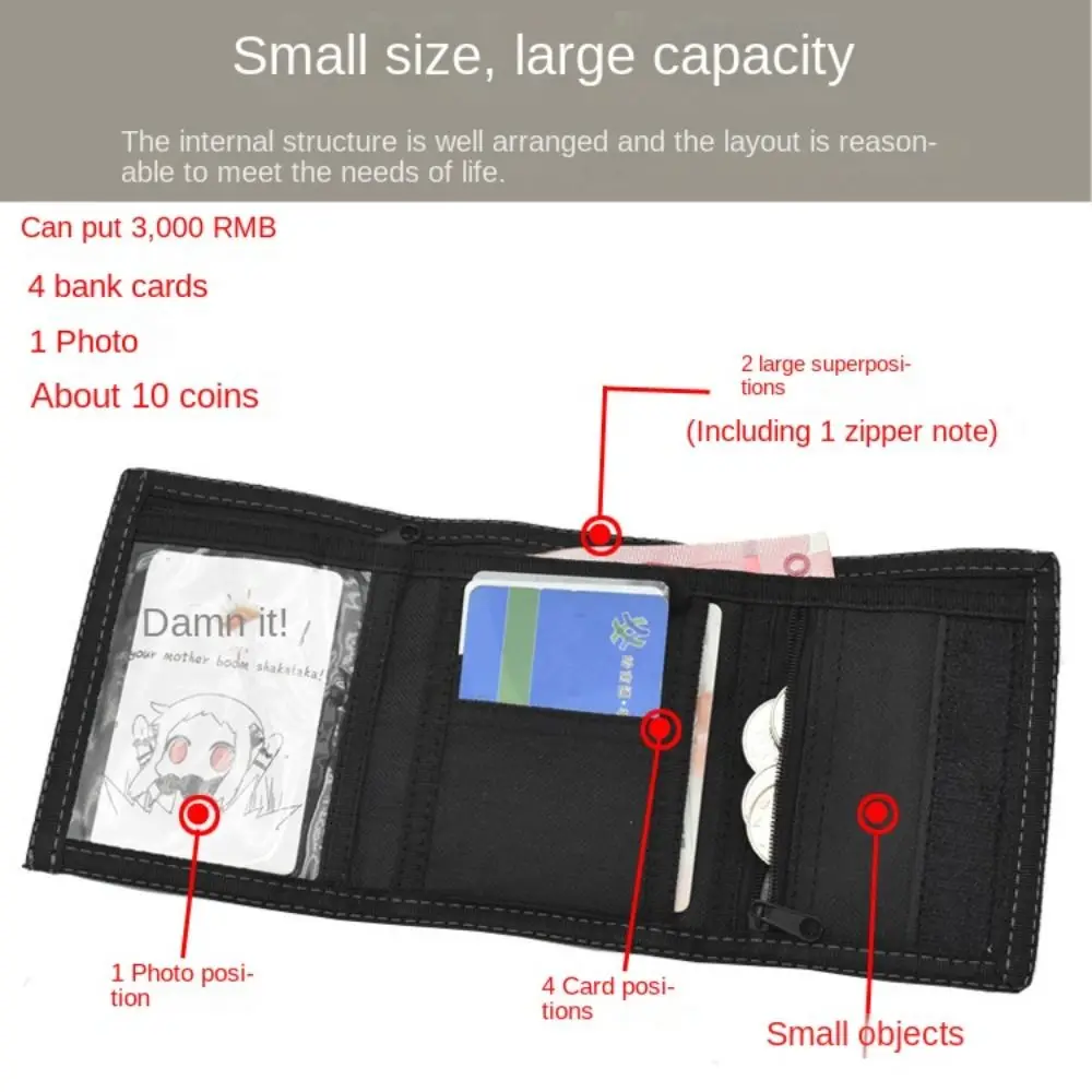 Black Men's Short Wallet Touch Fastener Leisure 3 Fold Purse Multi-position Wear-resistant Male Oxford Cloth Purse Daily Use