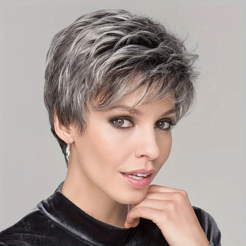 

Женский короткий вьющийся смешанный серый парик для модного высокотемпературного волокна