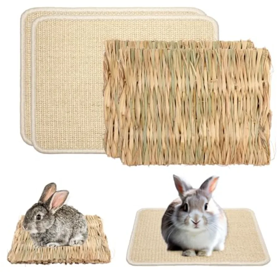 

4 Pcs Rabbit Scratcher Mat Rabbit Grass Mats for Rabbits Cage Accessories Natural Sisal Cat Rabbit Scratching Pad Natural Hay W