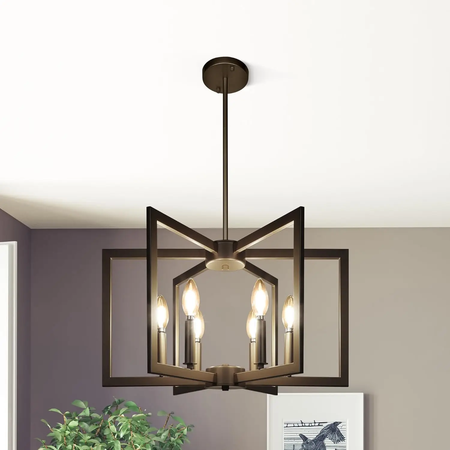 6-Light Modern Farmhouse Black Chandeliers For Entryway, Geometric Pendant Lights Kitchen Island, Hanging Industrial Metal